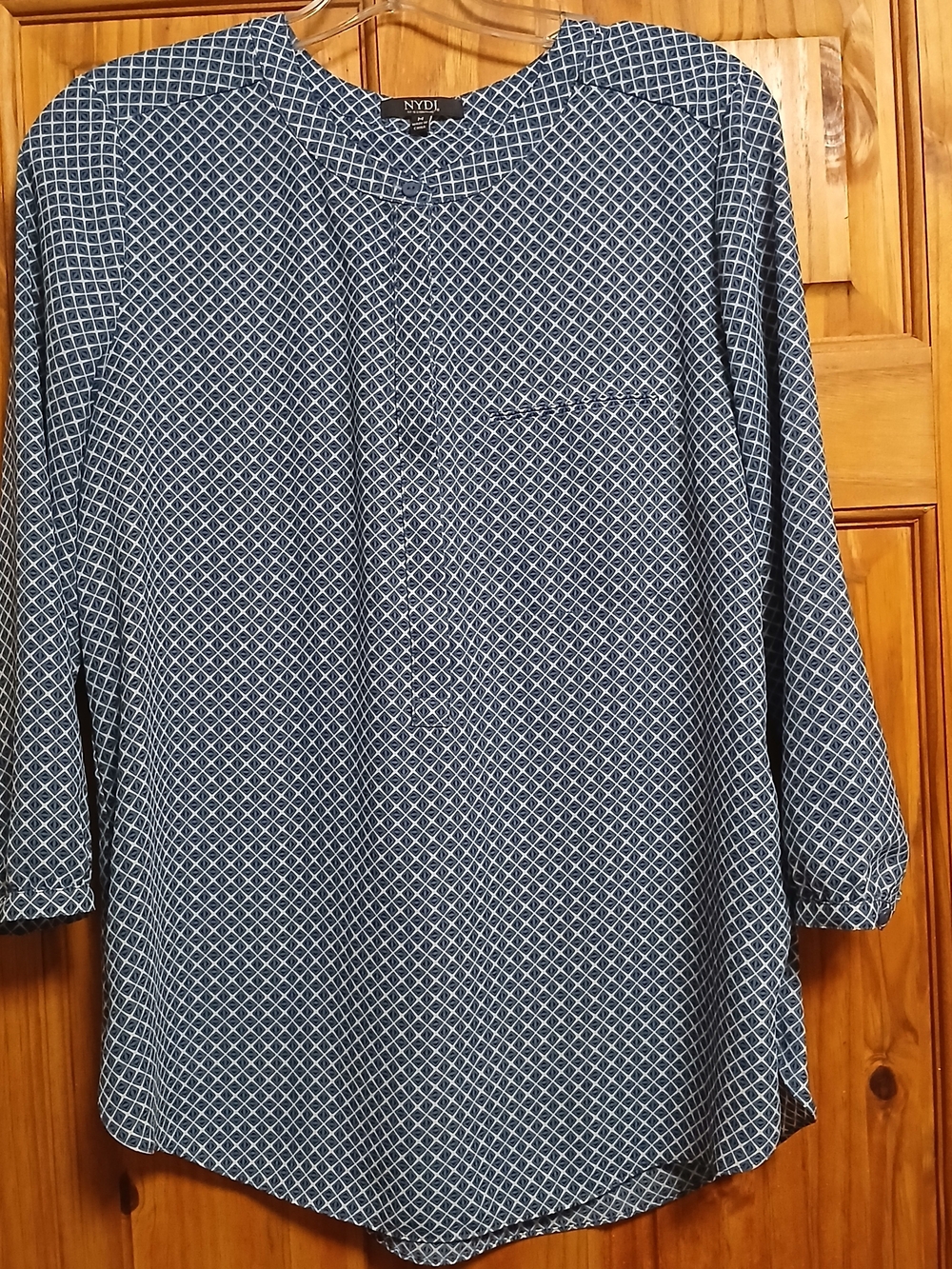 NYDJ Navy and White Geometric Print Blouse